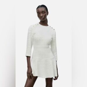 Zara tweed 3/4 sleeves gold buttons ruffled mini dress